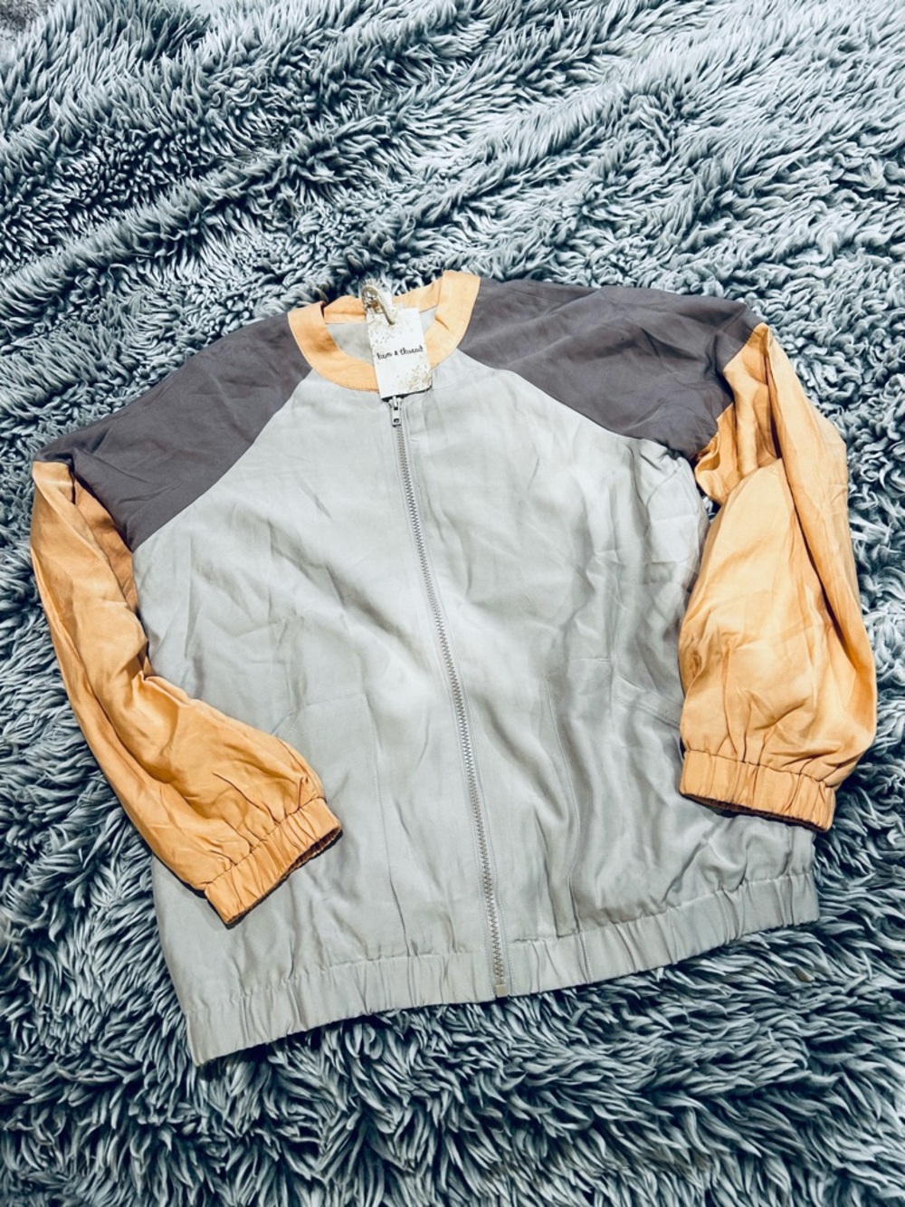 Hem & Thread Colorblock Zip Bomber Jacket in Beige, Taupe & Peach - NWT